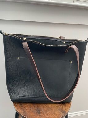 Portland Leather Black Tote with Brown Shoulder Straps